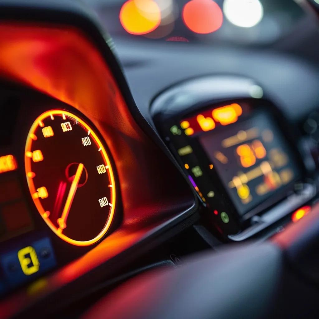 Close-up of a car dashboard with illuminated warning lights indicating electrical issues