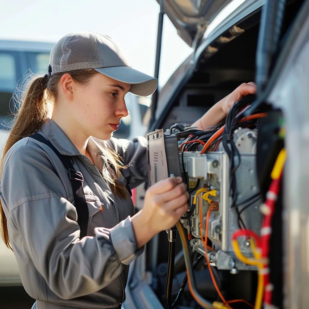 Mobile auto electrician inspecting a car's air conditioning system outdoors, highlighting professional repair services